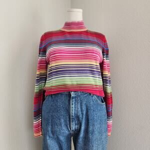 Vintage Y2K Westbound Rainbow Stripe Ribbed Cotton Turtleneck Top Long Sleeve L